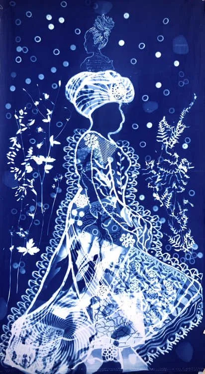 An artistic white silhouette of a woman sitting with intricate patterns, surrounded by floral and bubble-like designs on a dark blue background.