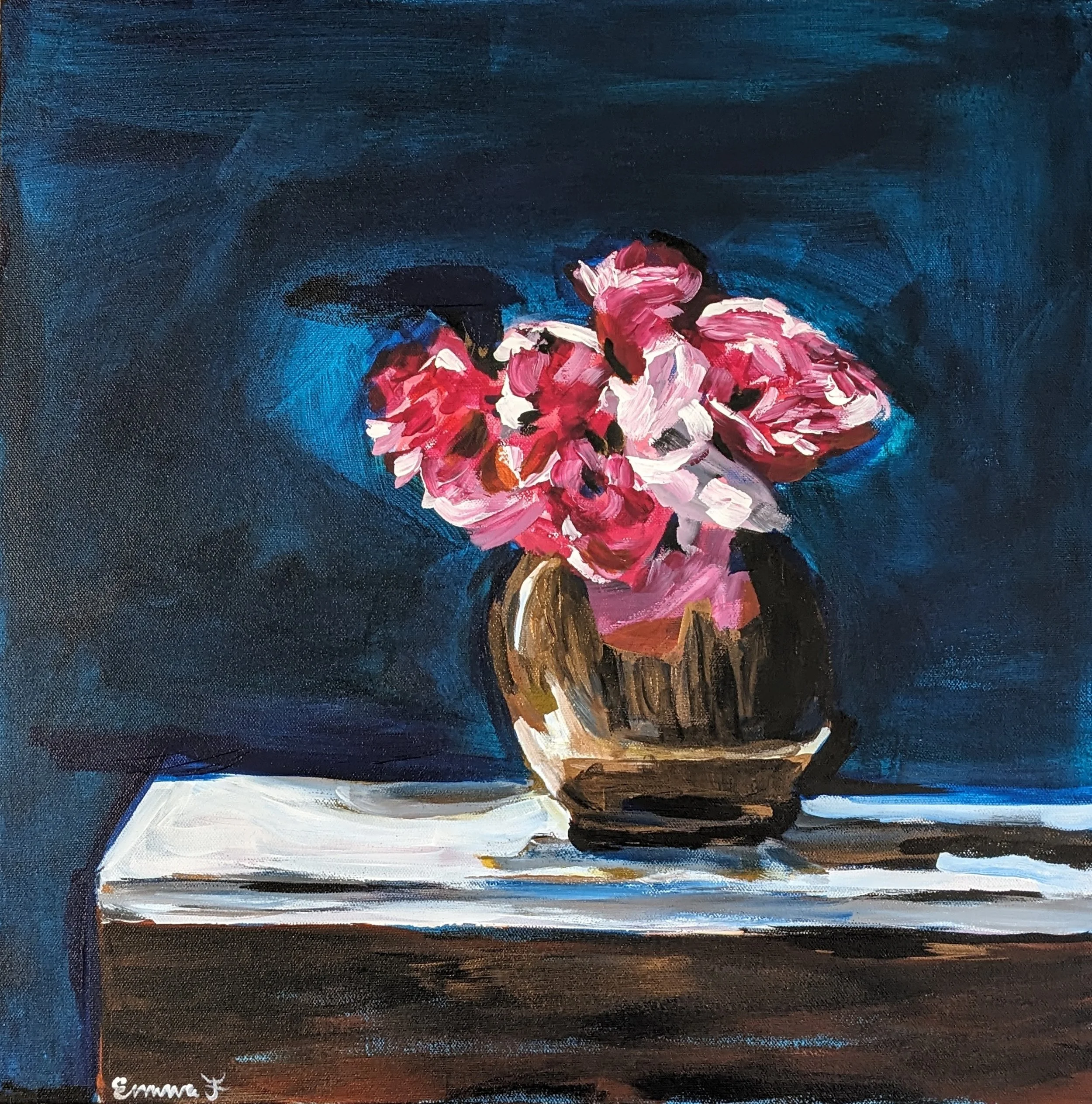 A still life painting of pink peonies in a brown vase on a table with a dark blue background.