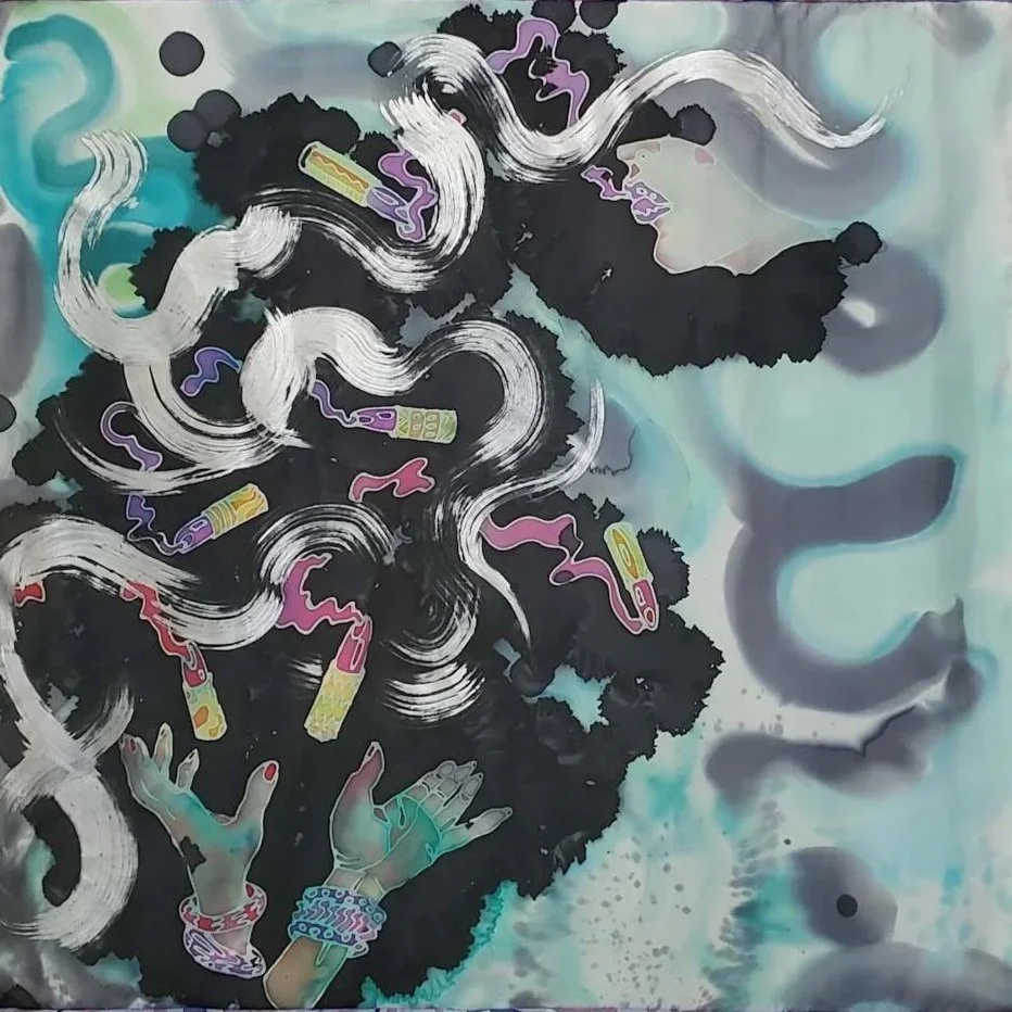 A painting of a woman's face with closed eyes, surrounded by swirling hair and abstract patterns, with hands reaching upward in the bottom left corner.