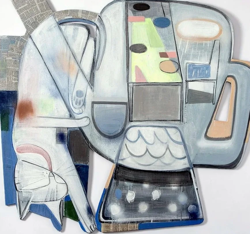 A mixed-media artwork of various objects arranged to resemble a feline in profile, including a pitcher and utensils for the head, and a radio and other items forming the body.