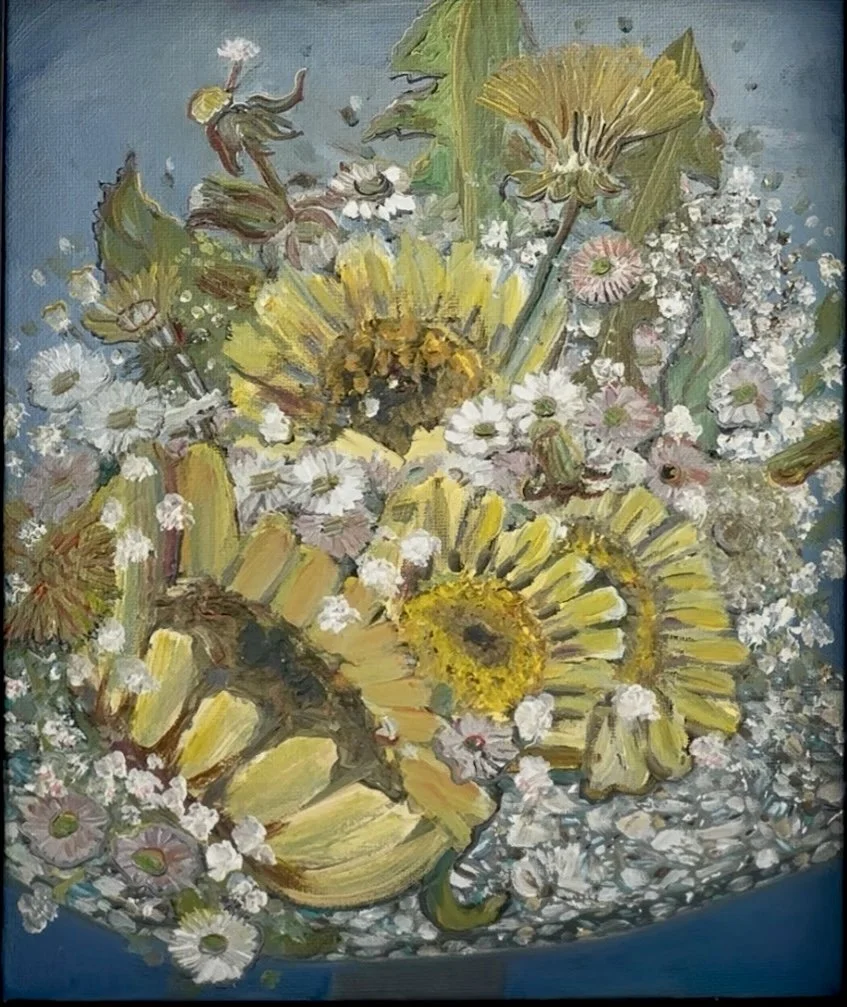 Painting of a bouquet of sunflowers, daisies, and assorted flowers with green leaves in a vessel.