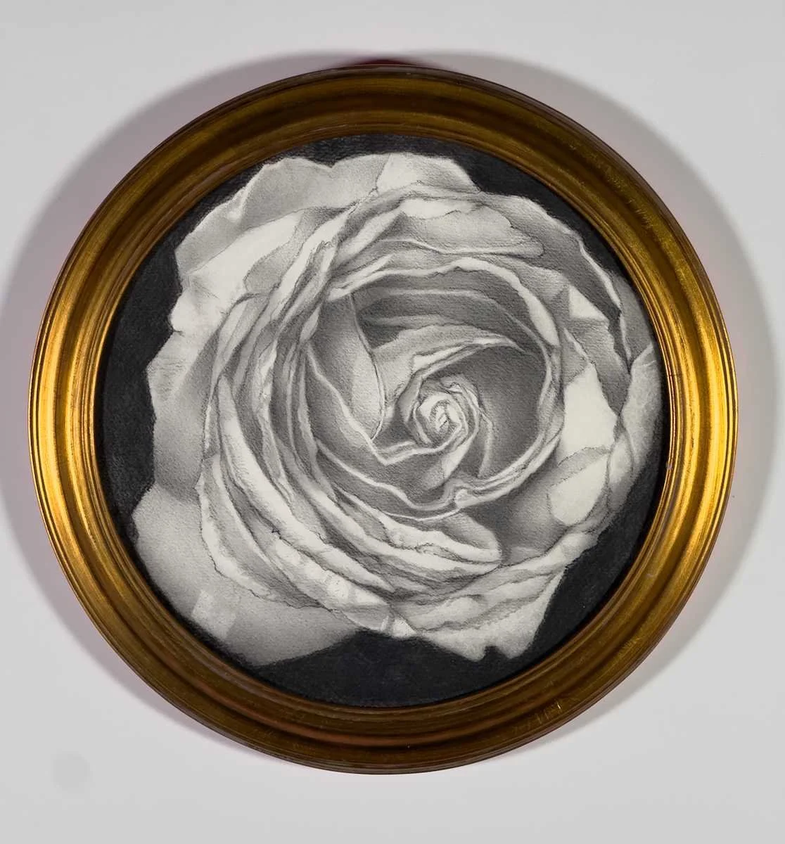 A circular framed black and white drawing of a rose viewed from above, showing detailed petals.