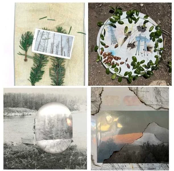 Four images of natural and artistic scenes, including pine branches, a painted deck with leaves, a boat on water with a landscape reflection, and a torn map with a sunset reflection.