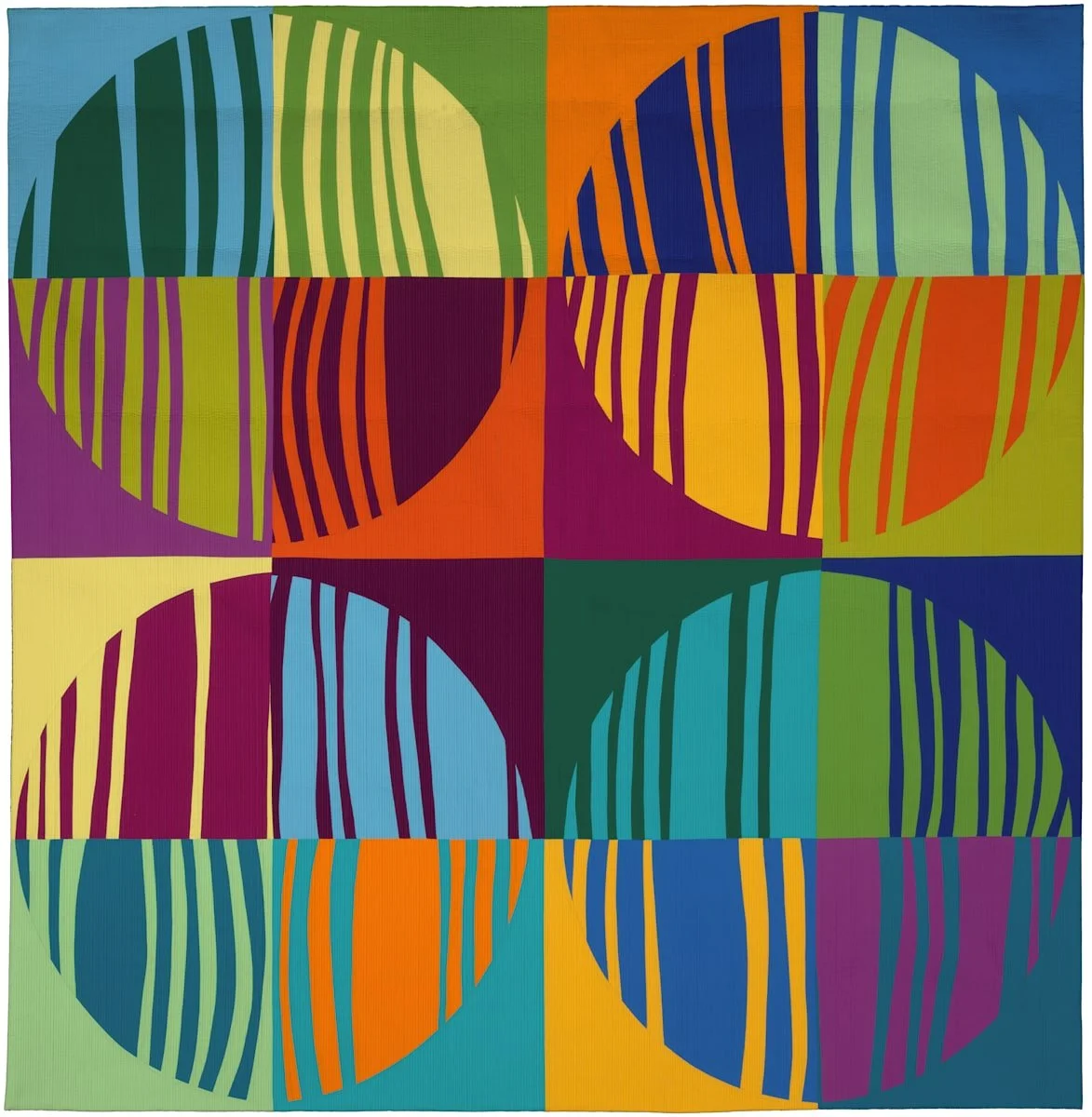 Colorful geometric pattern featuring overlapping semicircles and striped divisions in bright colors, arranged in a grid.