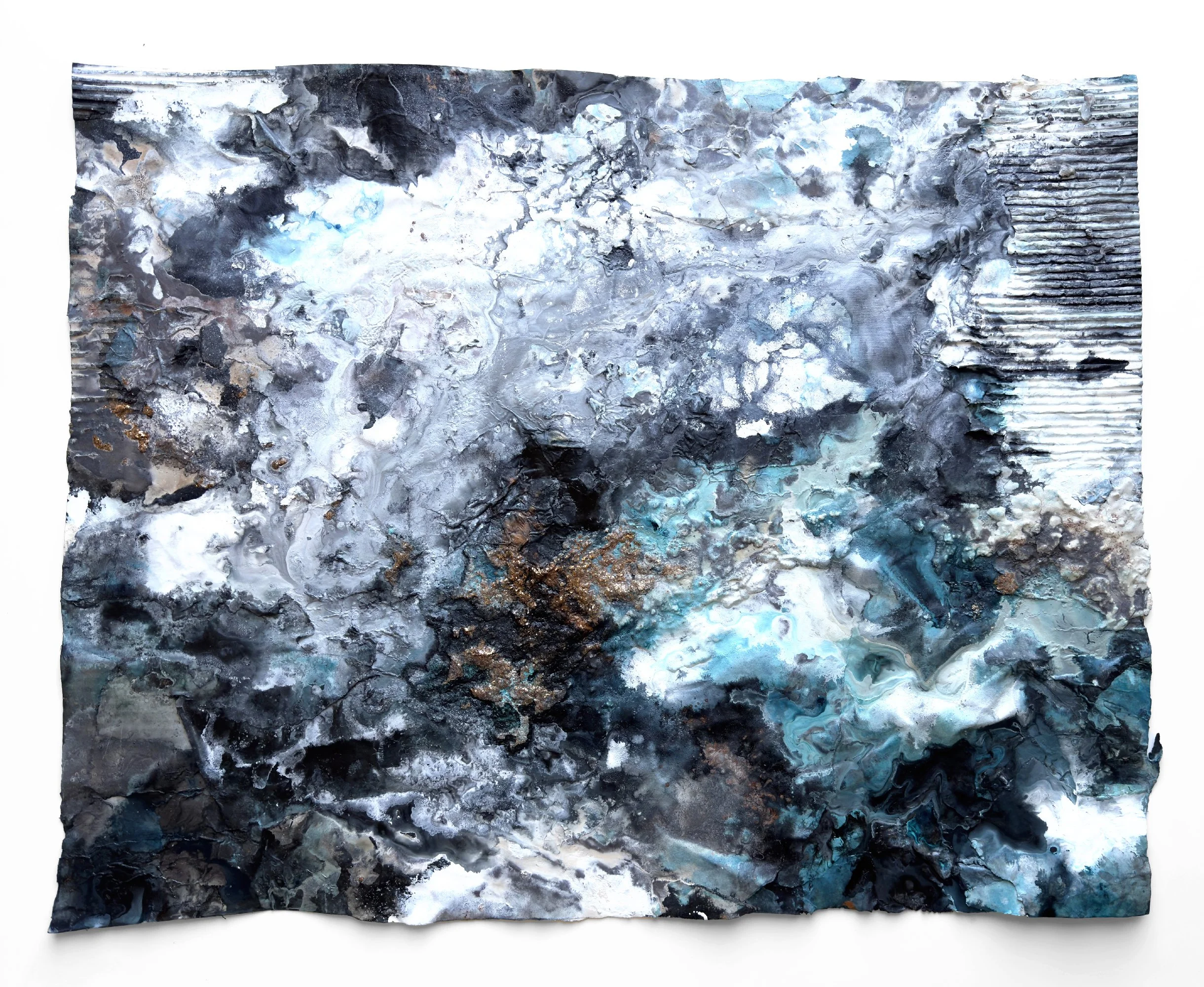 Abstract painting with swirling textures and colors, including blacks, whites, grays, blues, and hints of copper, created on crumpled paper.
