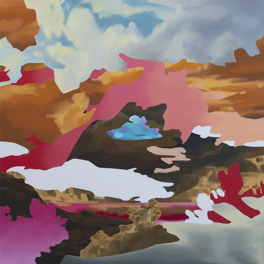 Abstract landscape painting with a sky, clouds, mountains, and a small blue lake.