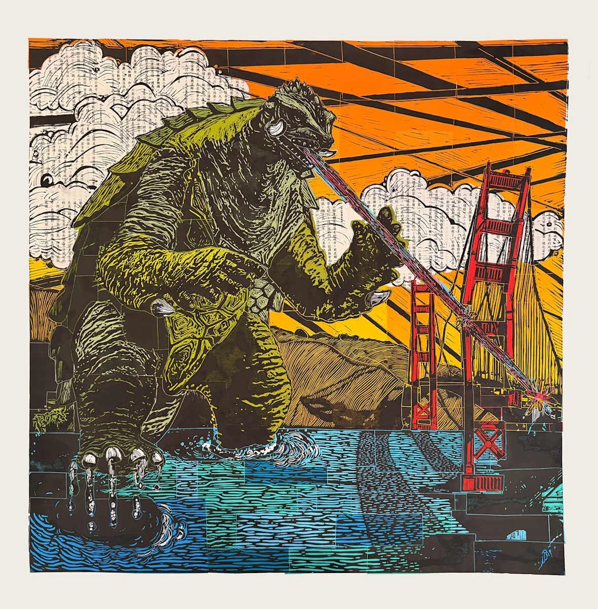 A mural of Godzilla shooting a laser beam at the Golden Gate Bridge, with a background of mountains, water, and clouds, depicted in vibrant colors and comic style.