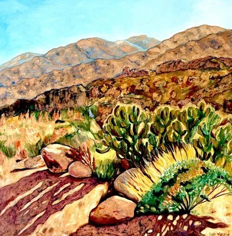 Painted desert landscape with mountains in the background, cacti, desert plants, and rocks in the foreground.