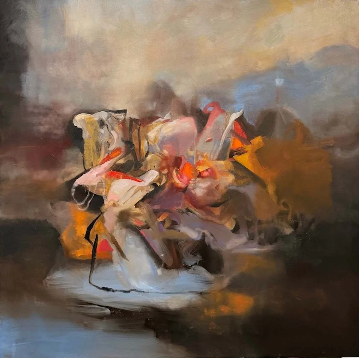 Abstract floral painting with soft, blended brushstrokes in warm tones of pink, orange, yellow, brown, and gray.