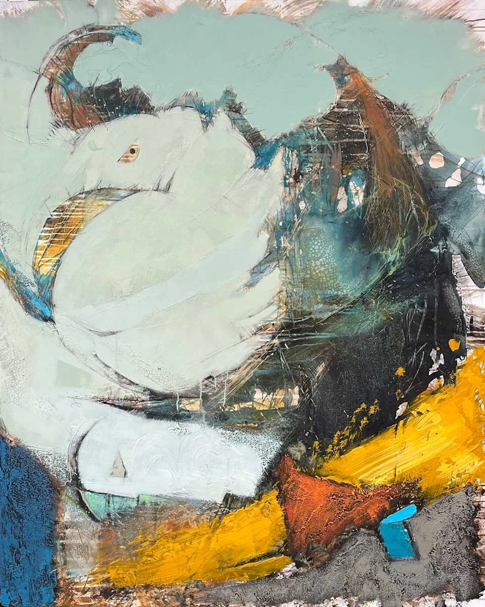 Abstract painting featuring a stylized African-American woman with her eyes closed, wearing a headscarf, with vibrant colors of blue, yellow, orange, and black.