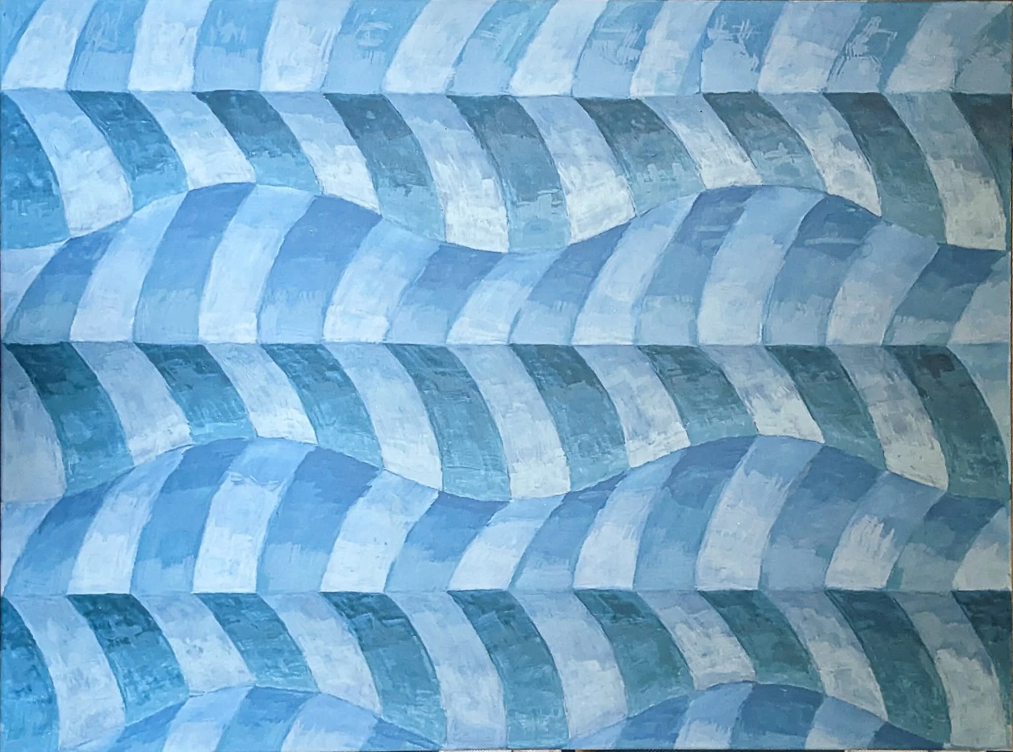 Abstract painting with blue and gray geometric shapes arranged in a pattern resembling stacked arches or waves.