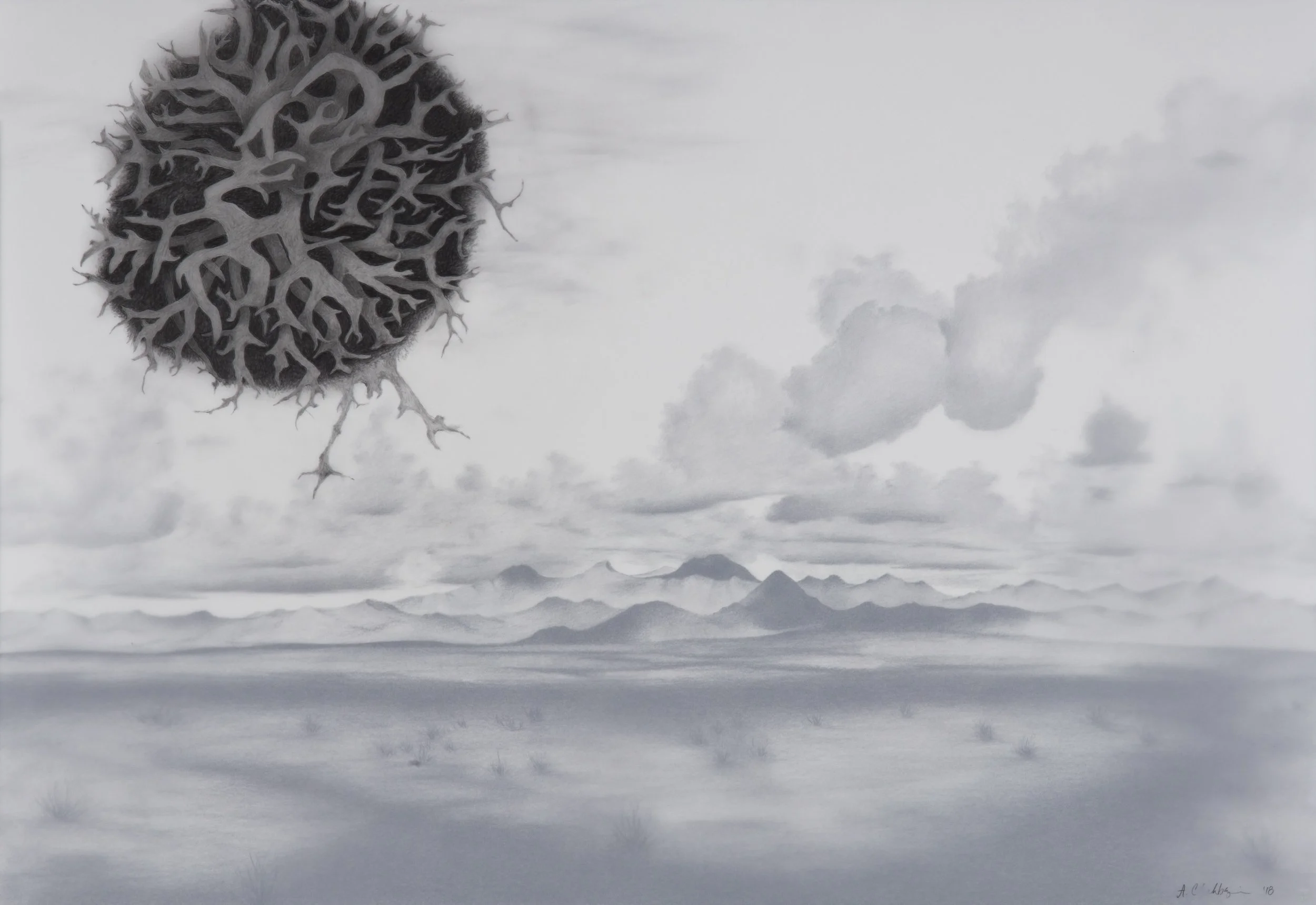 Artist, Arminée Chabazian work featuring a surreal grayscale landscape with mountains and cloudy sky, featuring a large, black, web-like creature with bird-like feet floating in the sky.