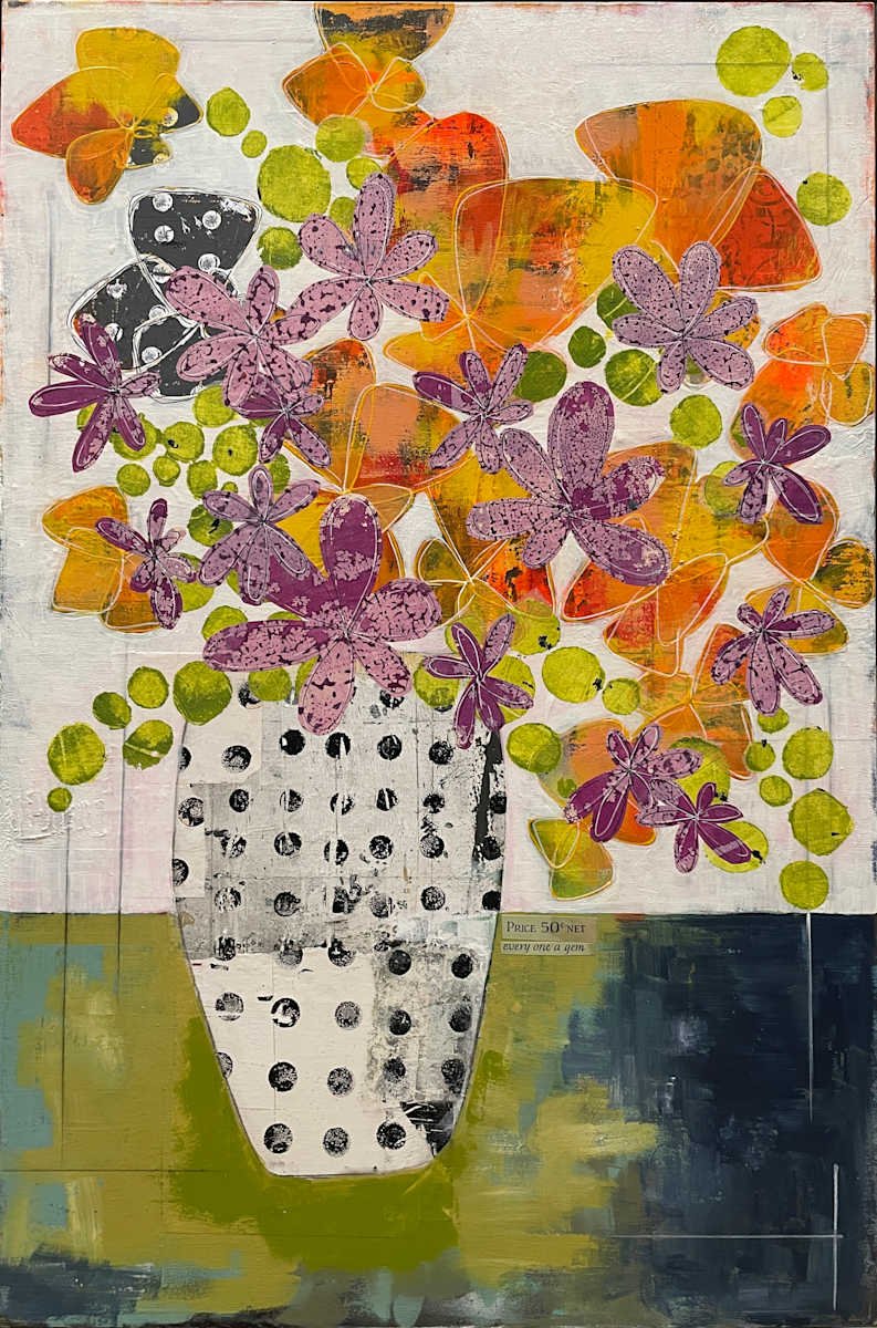 Abstract artwork of a potted flower with purple, orange, and green blossoms on a textured background.