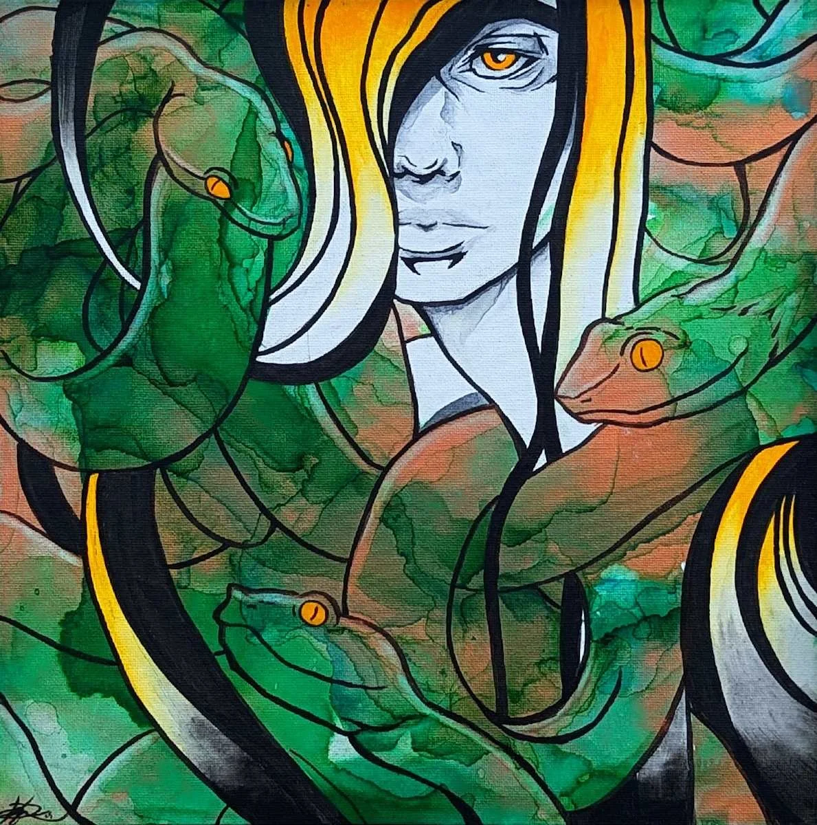 Abstract artwork of a woman with long black hair, surrounded by green snakes with orange eyes, painted with watercolor and black outlines.