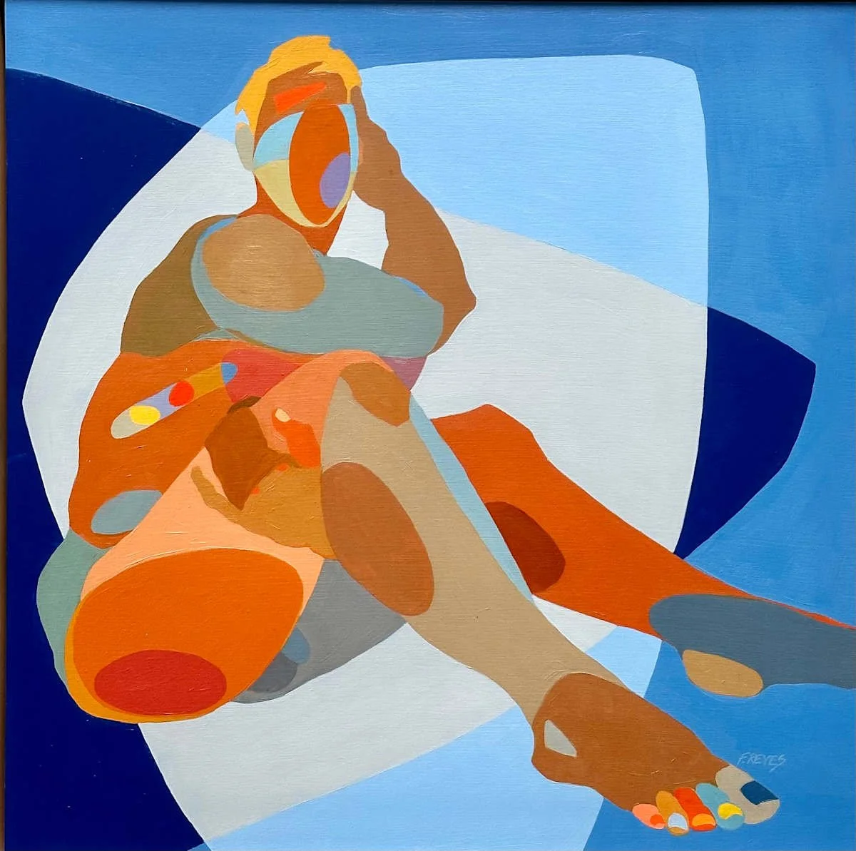 An abstract painting of a woman reclining on a lounge chair, holding a drink, with a tablet nearby, using bold, colorful geometric shapes.