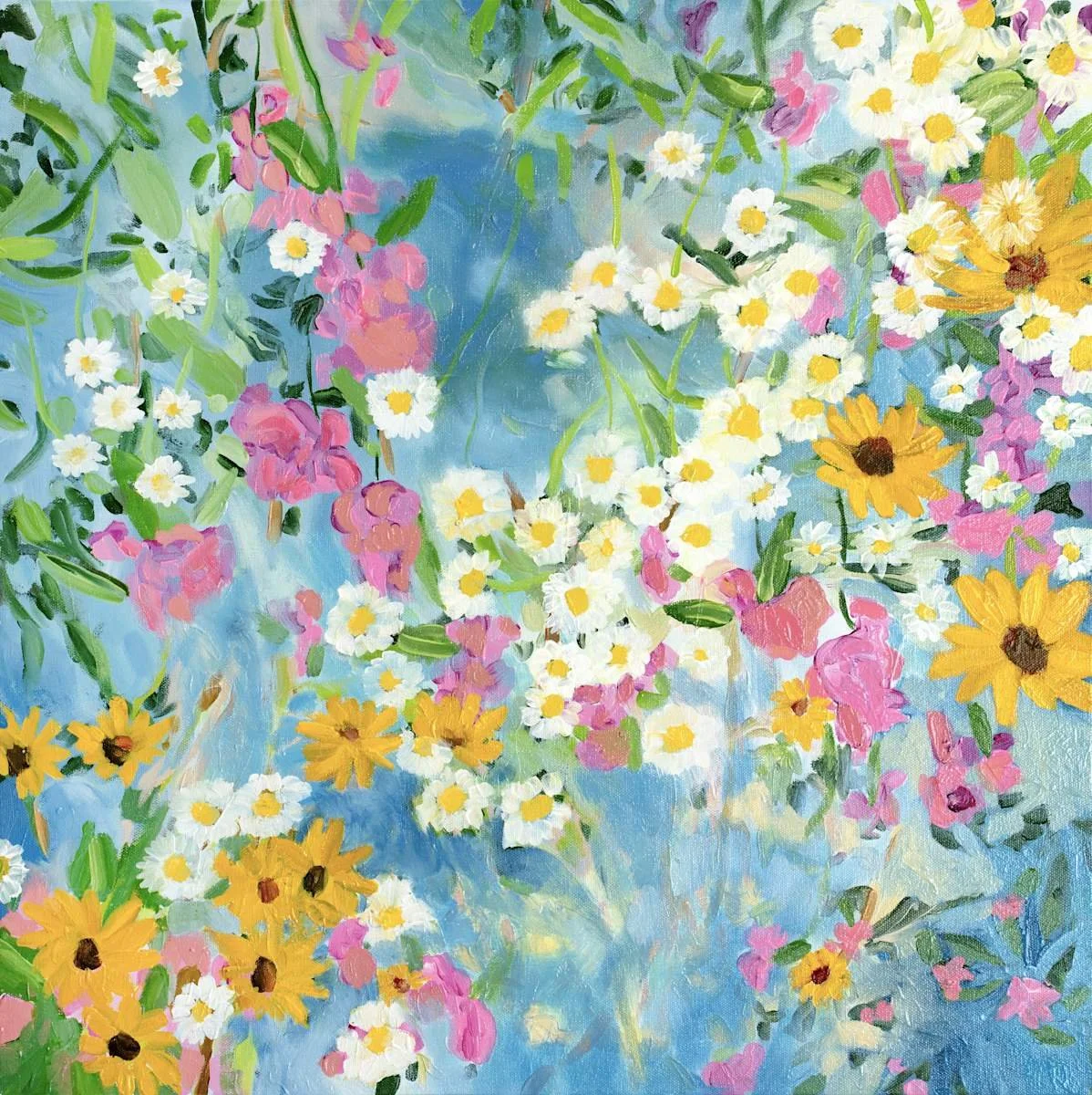 A vibrant floral painting with pink, white, and yellow flowers on a blue and green background.