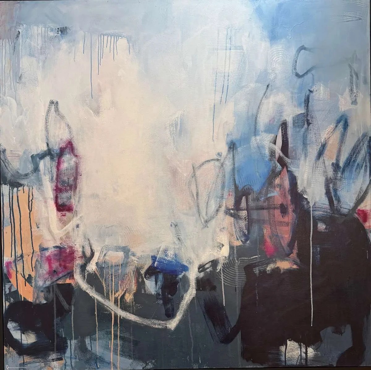 Abstract painting with muted colors and expressive brushstrokes, featuring a faint outline of a person's face and flowers.