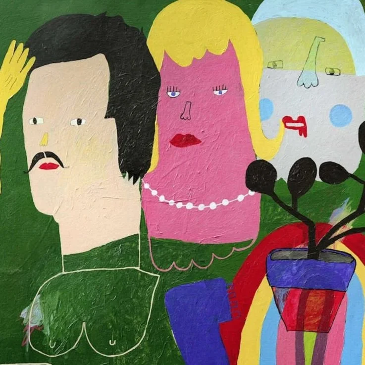 Colorful abstract painting of three human-like figures with exaggerated features and a plant in a pot, set against a green background.