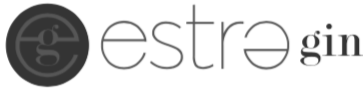 Logo with a black circle containing a lowercase 'g' and the words 'estre gin' in a modern font.