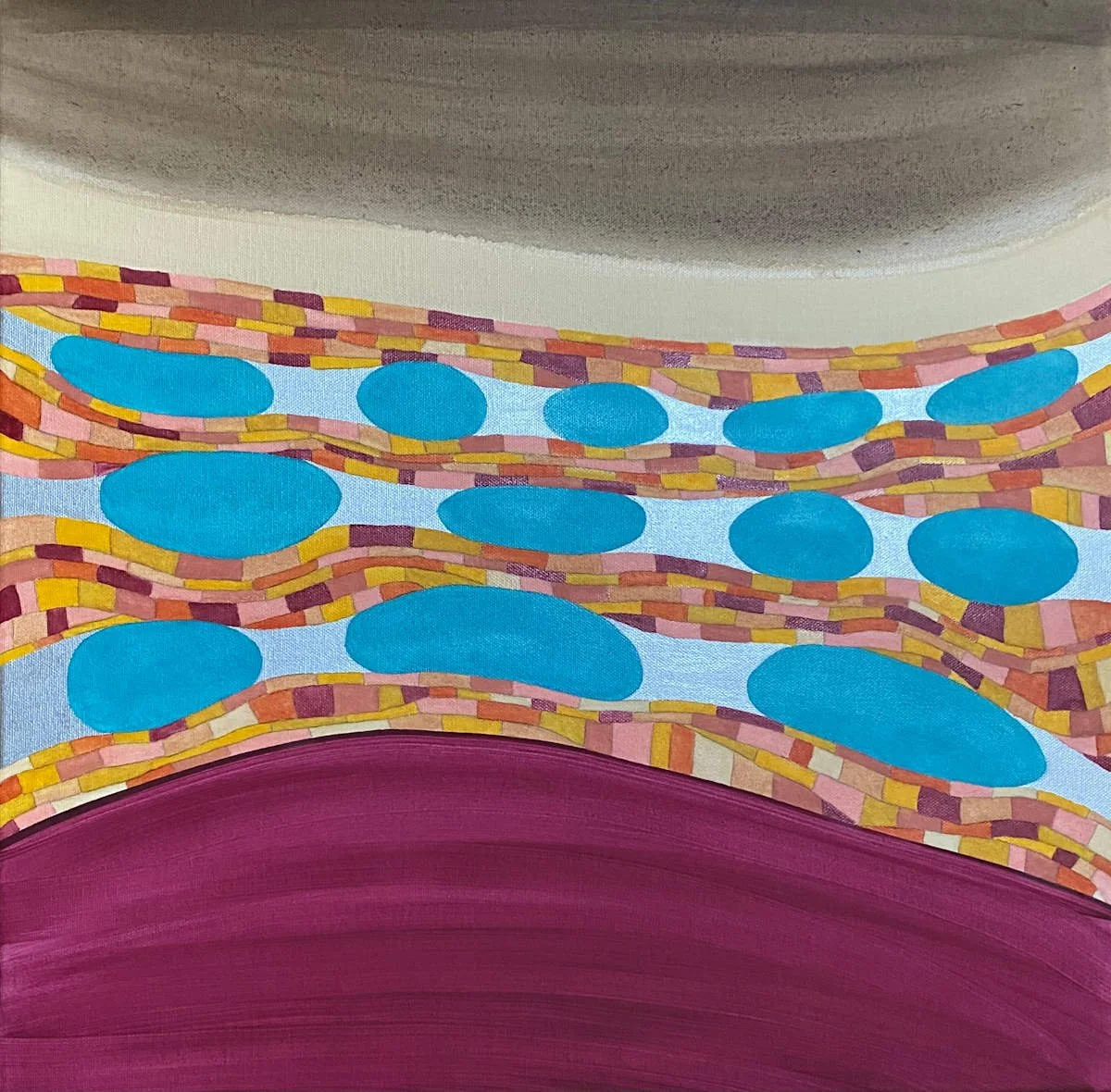 Abstract wall art with a wavy pink bottom section, a middle section with multicolored mosaic patterns, and a top section in plain beige.