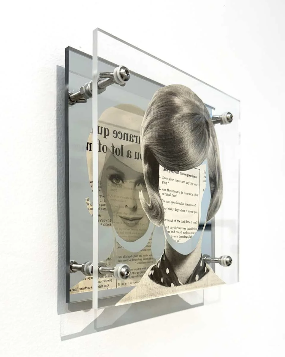 Mixed media artwork featuring two vintage-style black and white photographs of women with hairstyles from the mid-20th century, mounted on a transparent acrylic panel with questions related to insurance and medical expenses printed on it.
