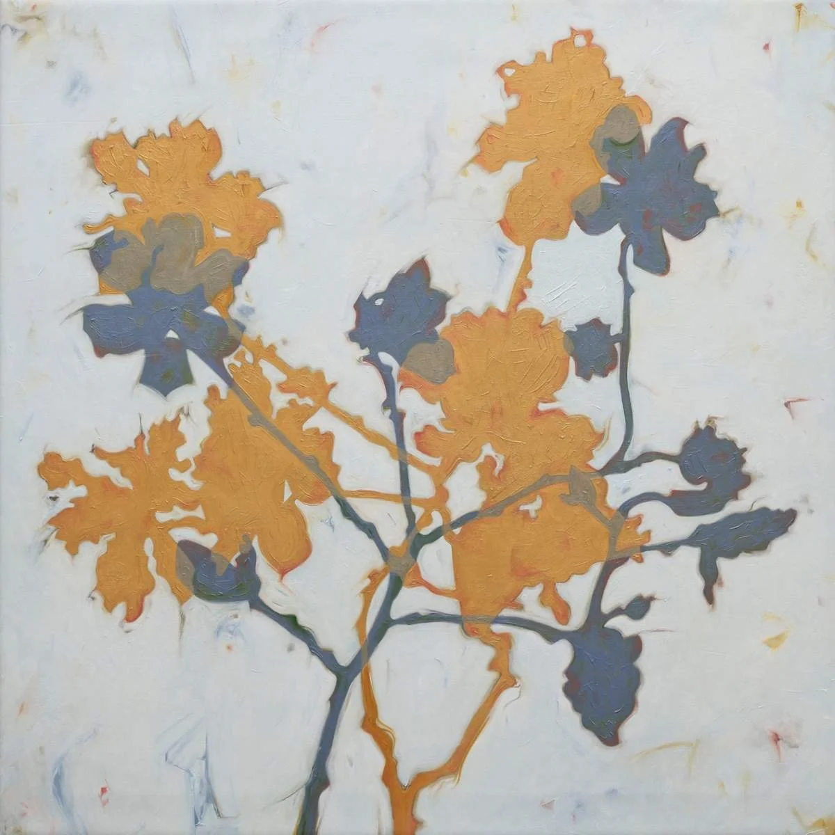 Abstract painting of orange and purple flowers with gray stems on a light background.