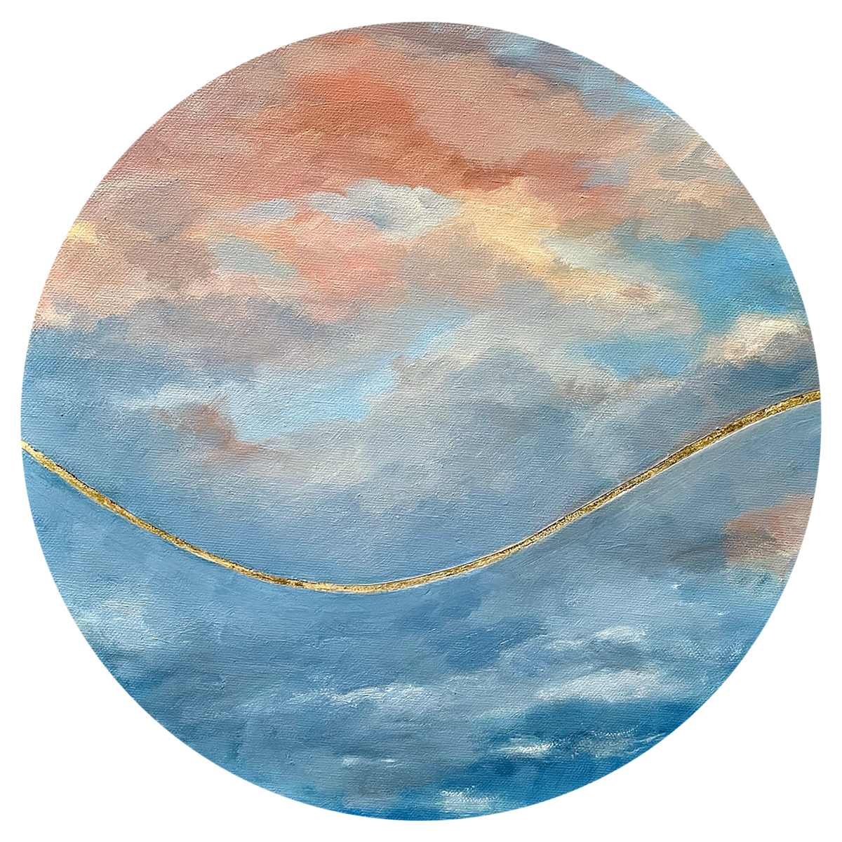 A circular landscape painting of a sky with pastel-colored clouds and a gold curved line across the middle.