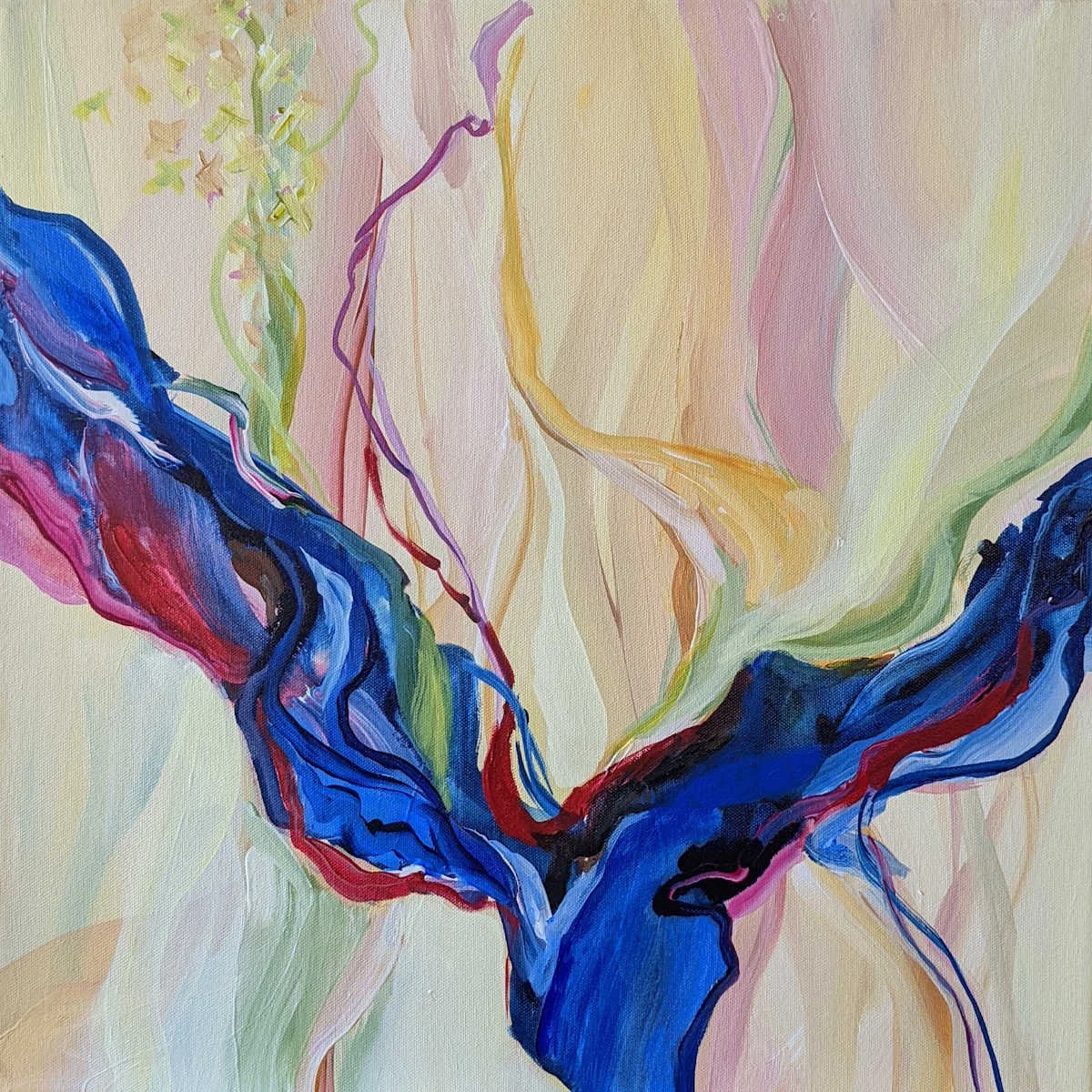 Abstract painting with flowing, vibrant colors including blue, pink, red, purple, and hints of yellow and green, resembling organic shapes or energy movement.