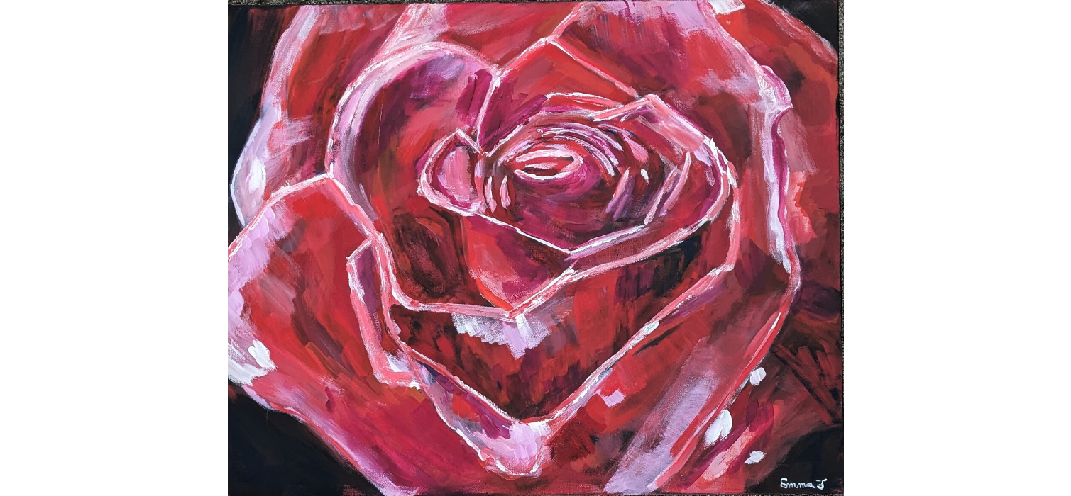 An abstract painting of a pink and red rose with white accents on a dark background.