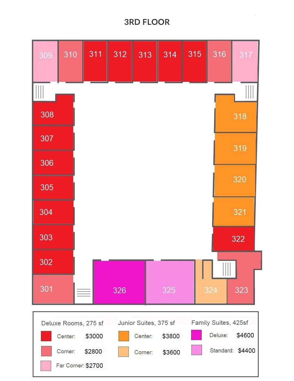 Floor plan of the third floor of a hotel with room numbers 301 to 326, color-coded by room type and price. Deluxe rooms are in dark red, junior suites in orange, family suites in pink, and standard rooms in purple and light pink.
