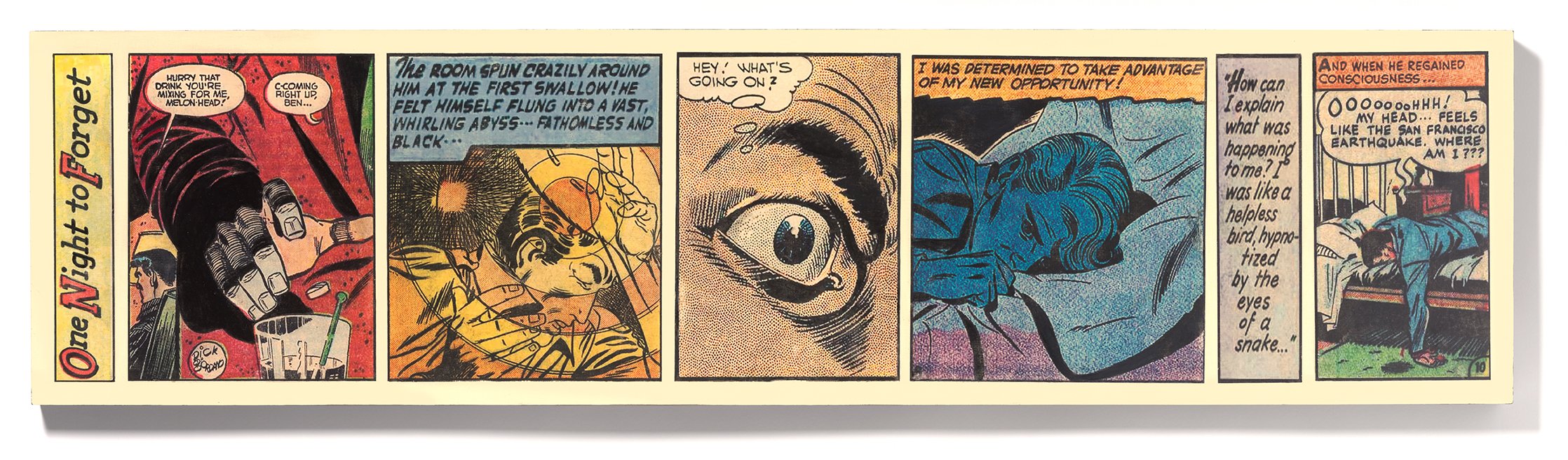 A vintage comic strip with five panels illustrating a story. The first panel shows a hand holding a glass with a straw, next to a lipstick mark, with a woman in the background. The second panel depicts a young boy lying on a bed, with a thought bubble about feeling like he's flying. The third panel features a close-up of an eye, with the character asking, "Hey! What's going on?" The fourth panel shows the same character lying on the bed, thinking about taking advantage of an opportunity, with a thought bubble about feeling like a helpless bird. The last panel shows a man with a surgical mask bent over a sleeping woman in a bedroom, with a speech bubble from the woman asking how to explain what happened to her.