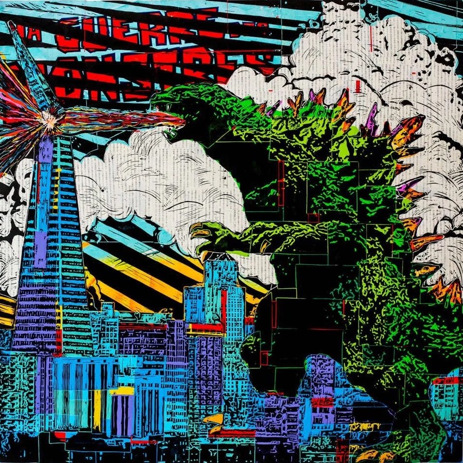 Colorful digital illustration of a cityscape with a large Godzilla-like monster shooting fire at a missile, with clouds and a vibrant sky in the background.