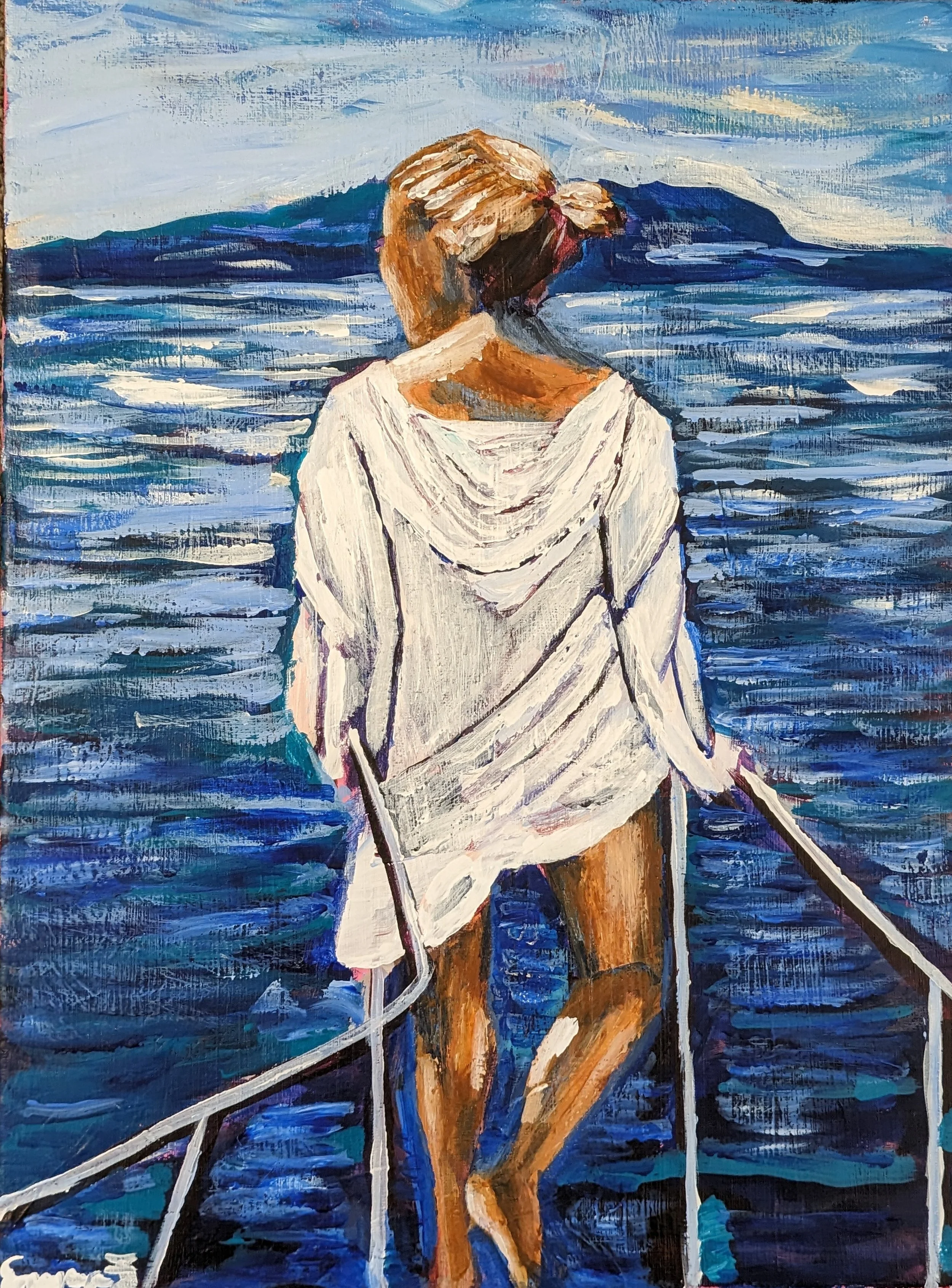 Painting of a woman with blonde hair tied back, wearing a white hooded dress, standing at the front of a boat, looking out at the water, with mountains in the distance.
