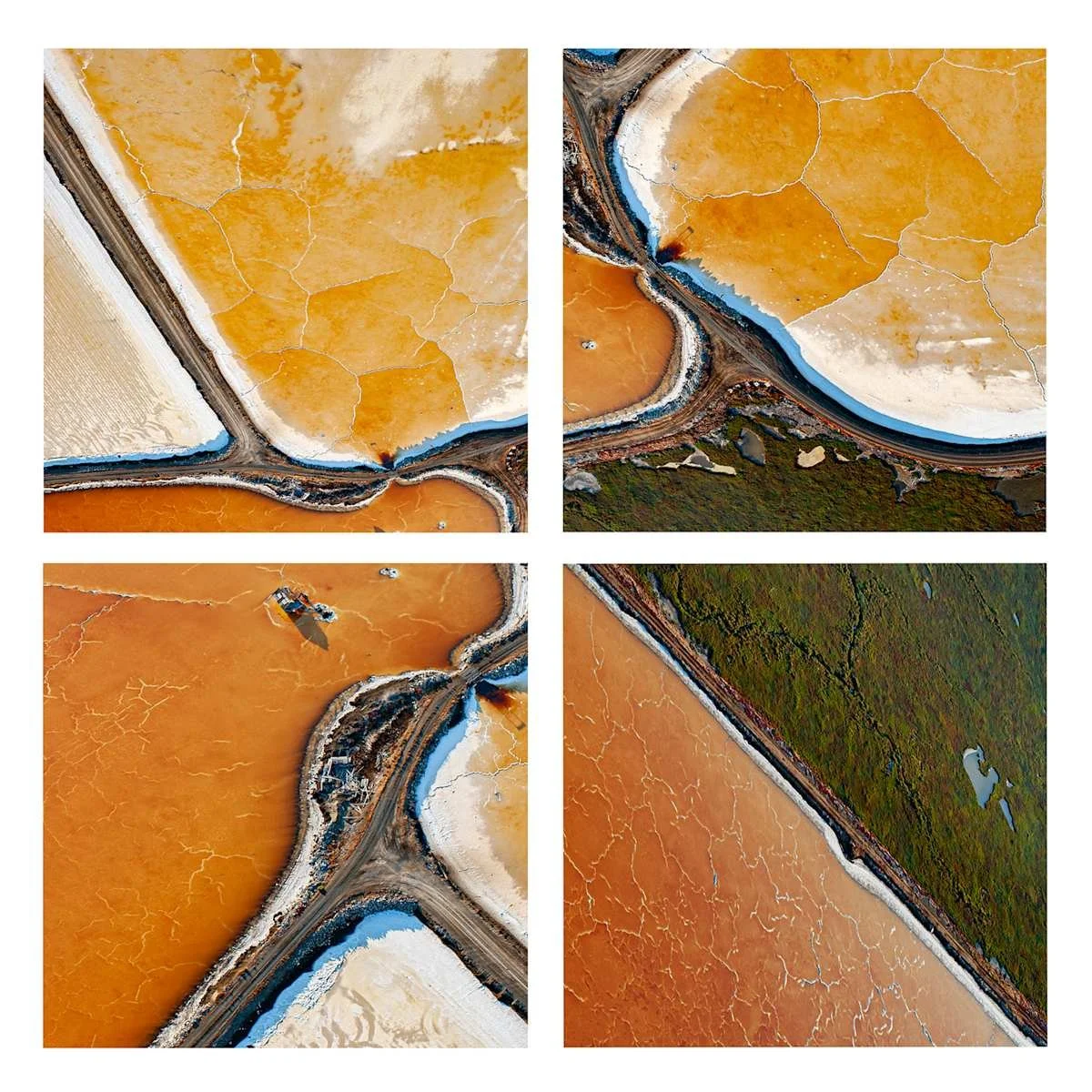 Aerial views of salt evaporation ponds with various shades of orange, brown, white, and green, separated by barriers and containing water and mineral deposits.
