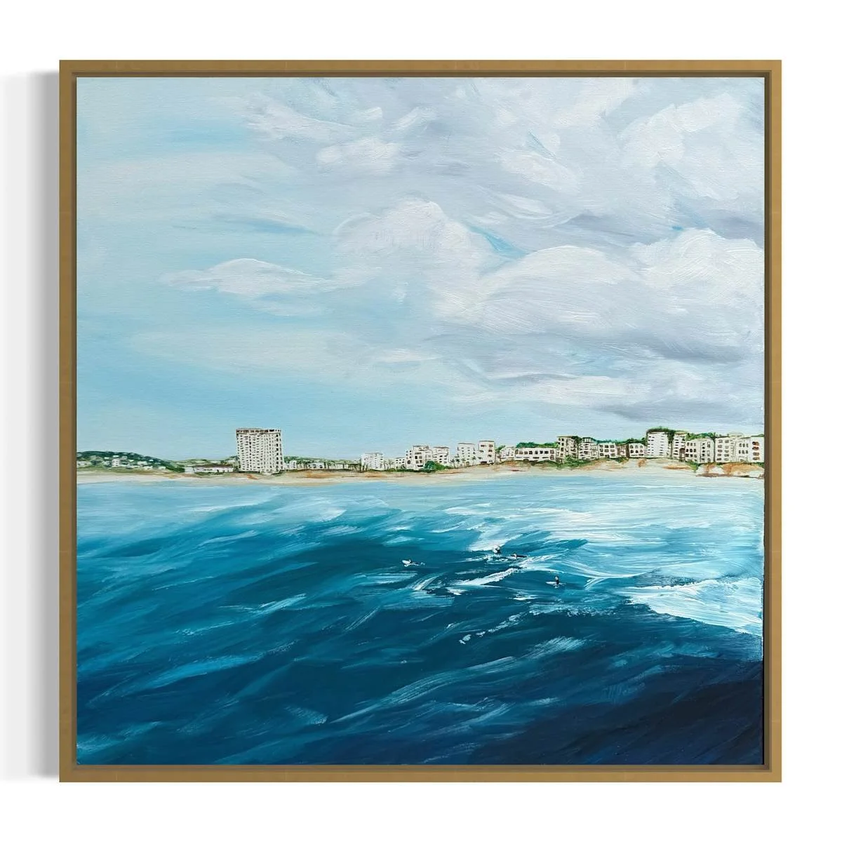 Painting of ocean waves near a city shoreline with buildings under a cloudy sky.
