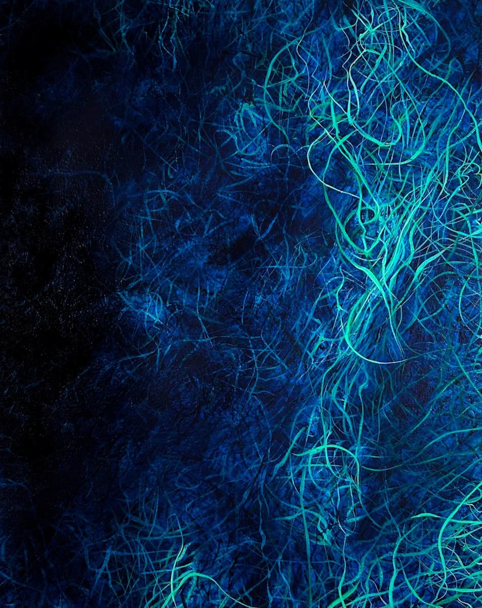 Abstract digital artwork with glowing, intertwined blue and green lines on a dark blue background.