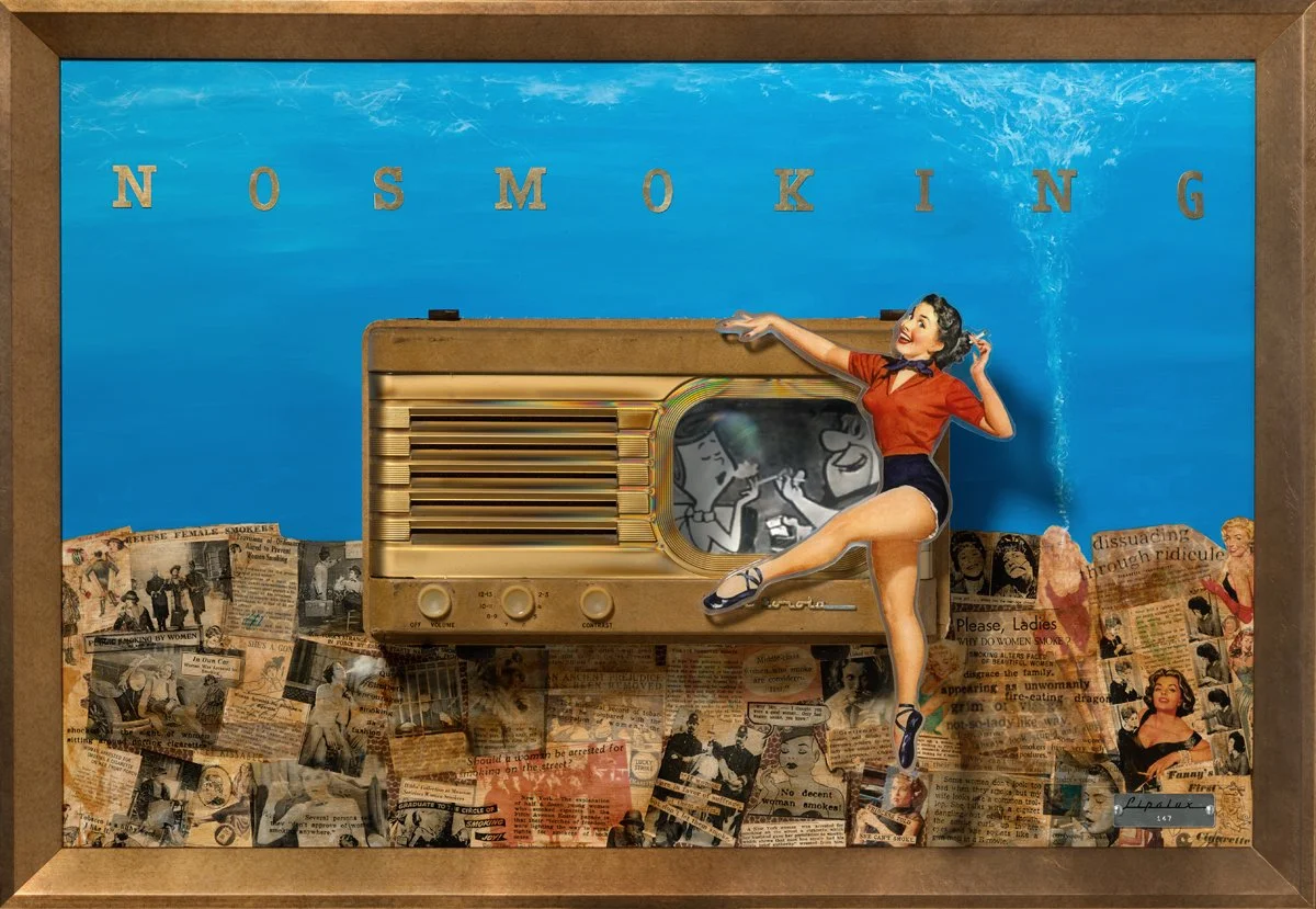 A vintage-style artwork depicting a woman in 1950s attire dancing in front of a large blue background with the words 'NO SMOKING' spelled out. The scene includes an old radio with a black-and-white image of people inside, and a collage of black-and-white newspaper clippings on the bottom.