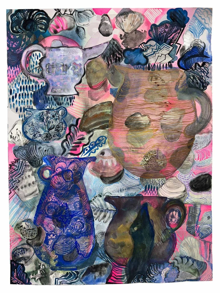 Abstract painting of various pottery and vases with colorful and black line details on a pink background.