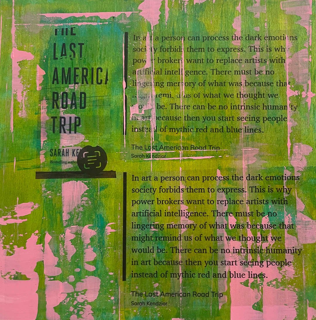 Colorful abstract background with pink, green, and yellow paint strokes, featuring the text "The Last American Road Trip" and a small black car icon, along with an excerpt about art and society.