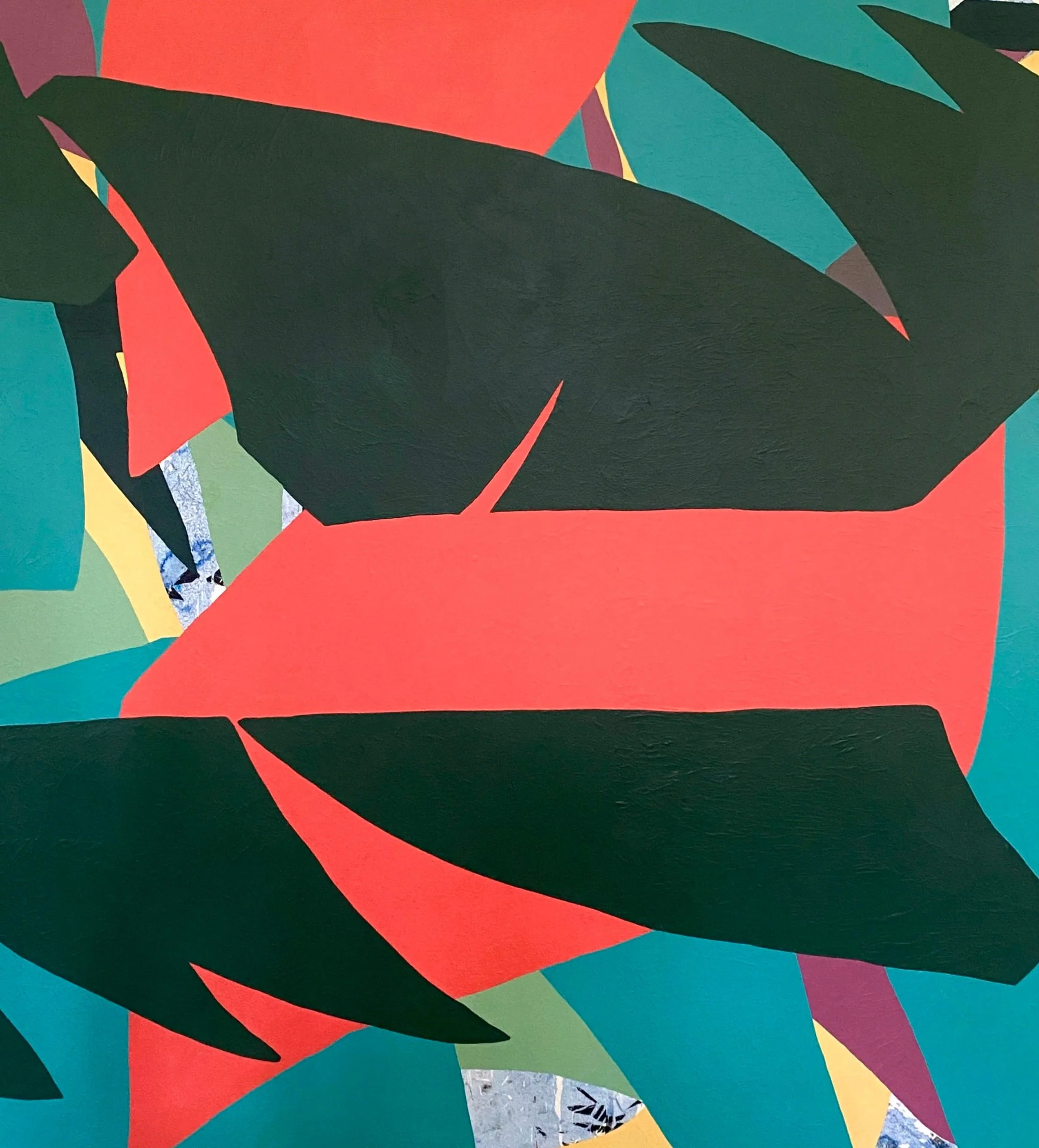 Close-up of an abstract colorful mural with large green leaves and orange and teal shapes.