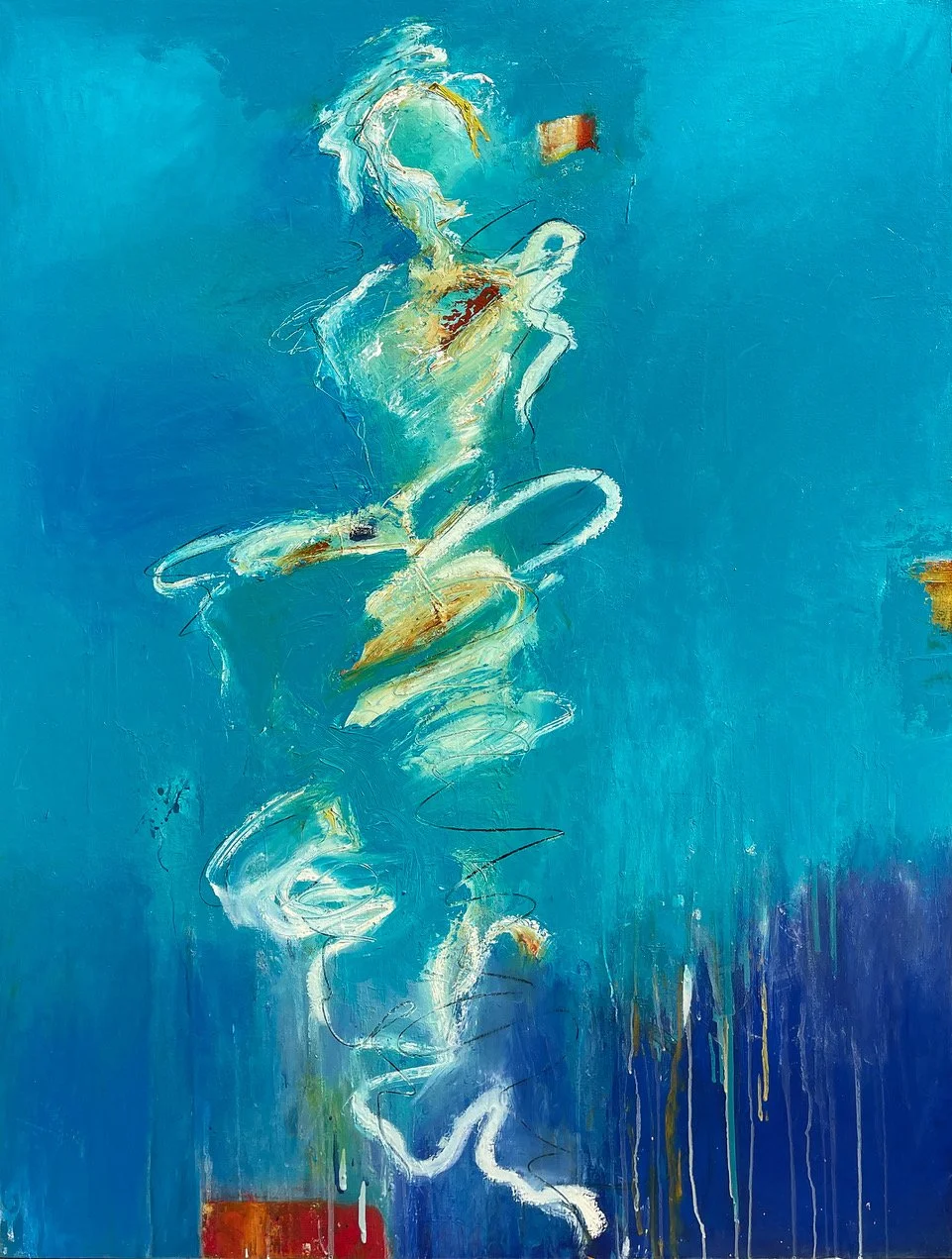 Abstract painting with a blue background, featuring swirling white, yellow, and brown brushstrokes, and some drips of paint.