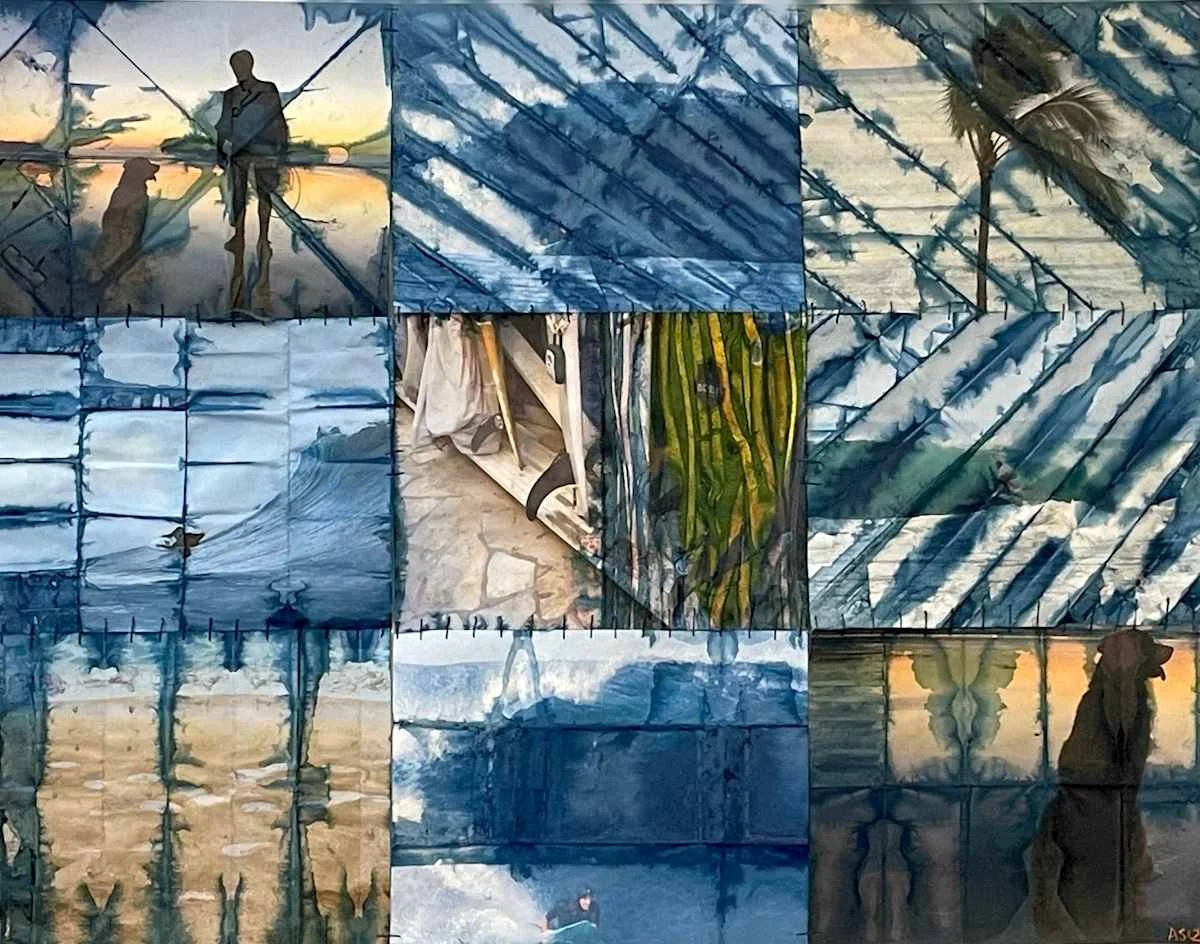 Collage of nine abstract photographs and paintings with reflections, water, sky, palm trees, and silhouettes of people.