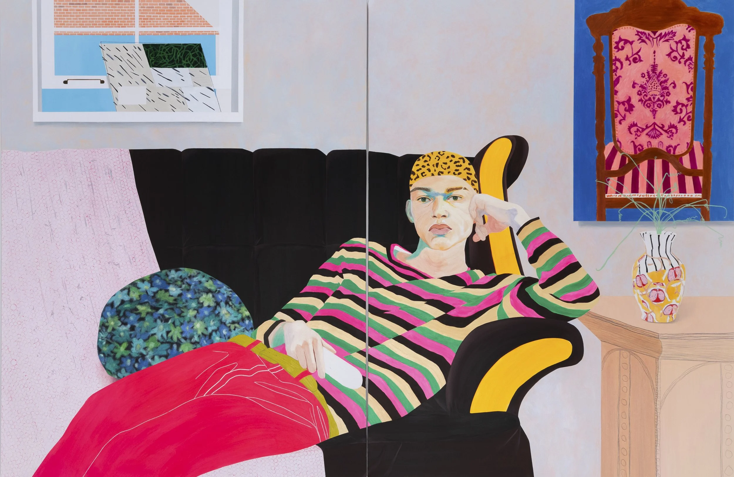 A colorful painting of a woman sitting on a black couch with yellow accents, wearing a striped shirt and a leopard-print headscarf. She is resting her head on her hand and appears to be looking thoughtfully into the distance. The room has a window with a view, a patterned chair or cushion, a side table with a floral vase, and a framed artwork on the wall.