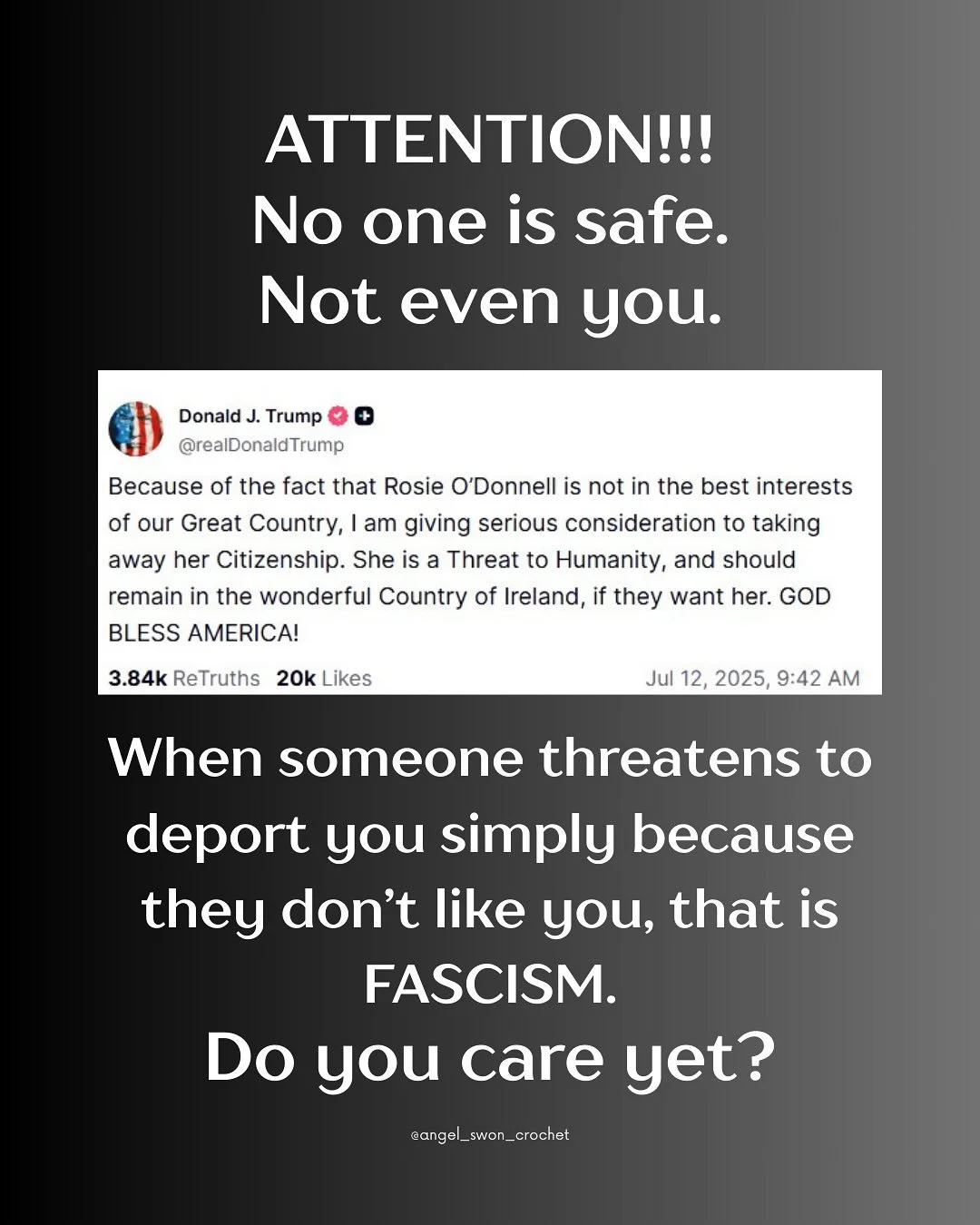 Recently, someone very close to me told me to be quiet. To stop talking about all of this “political” stuff. You know what I said? I WILL NEVER STOP. So go ahead and block me. If you want to pretend everything is okay and live in a willfu