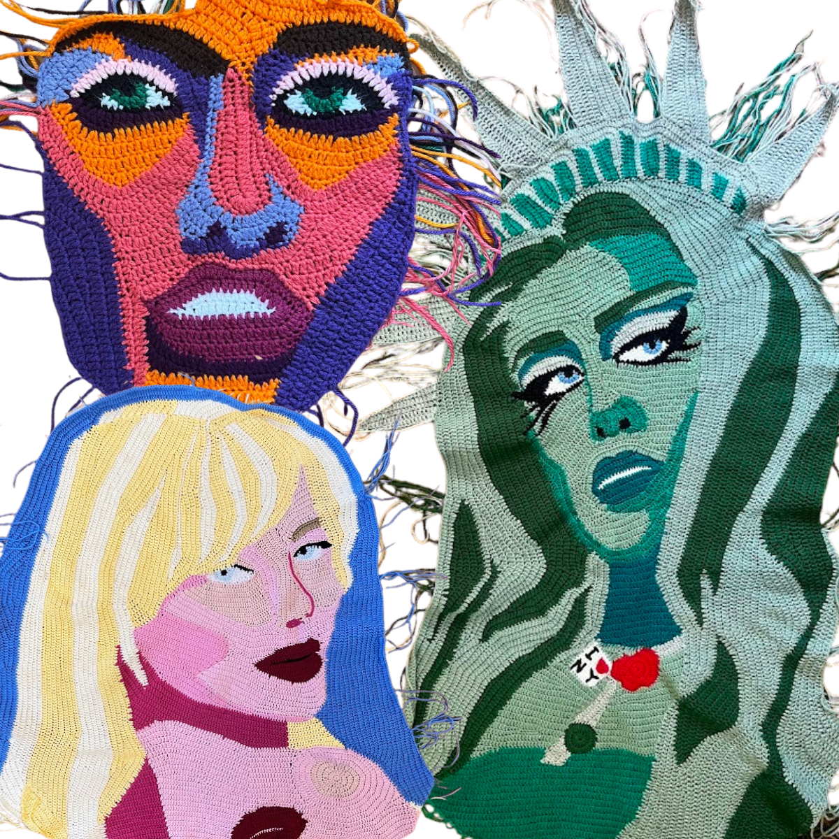 Colorful crochet artworks depicting stylized portraits of women including a colorful woman, a blonde woman with dark lipstick, and the Statue of Liberty.