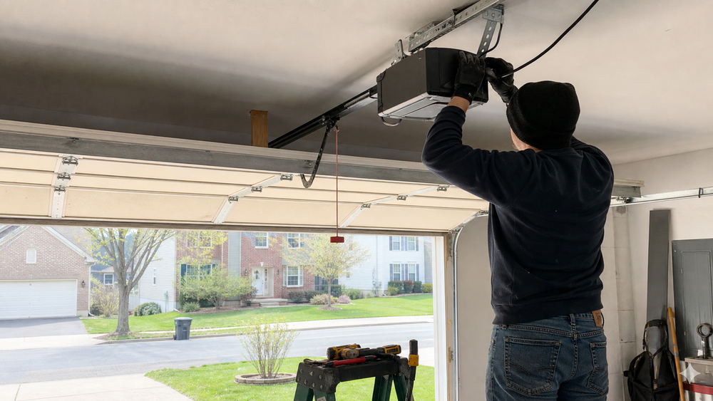 Luxreen Garage Door technician repairing a residential garage door opener and track