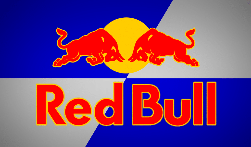 Red Bull logo with two red bulls facing each other on a blue, gray, and yellow background.