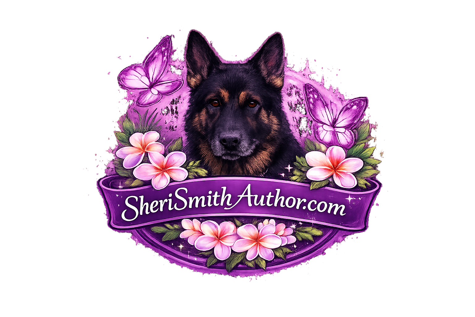 A graphic design featuring a black and brown dog, purple butterflies, pink flowers, and the text 'SheriSmithAuthor.com' on a purple banner.