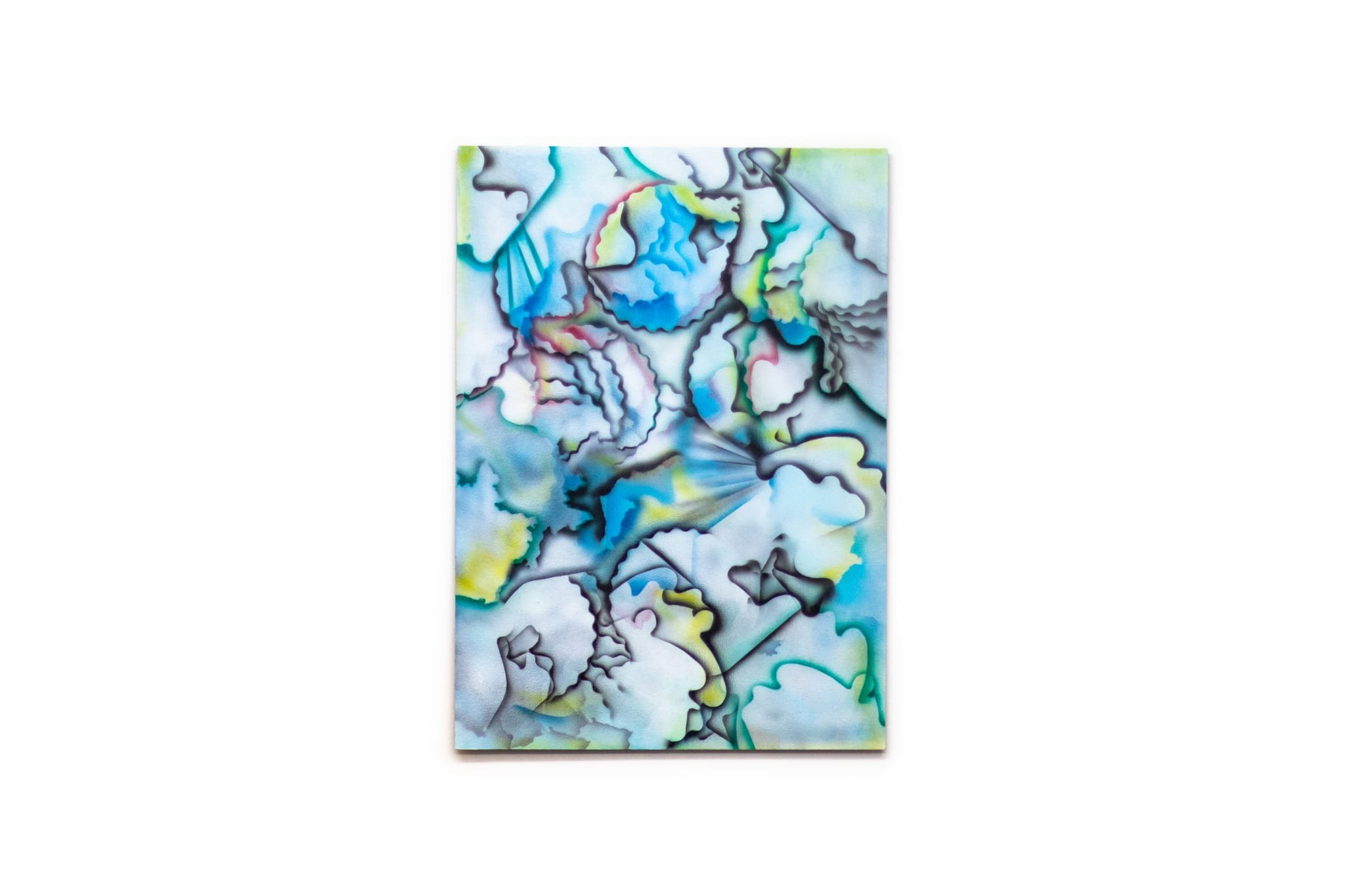 Abstraktes Gemälde mit blauen, gelben, grünen und schwarzen fließenden Linien und Formen.