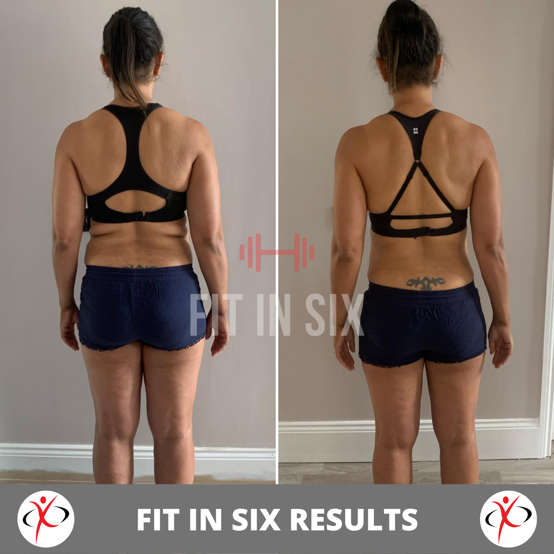 Side-by-side comparison of a woman's back before and after a fitness program, highlighting body transformation.